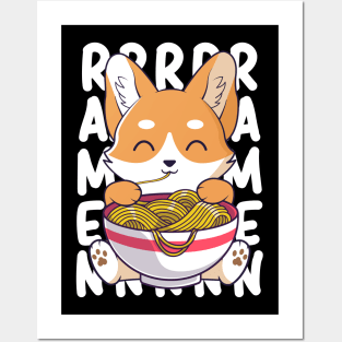 Cute Corgi Dog Eating Ramen Noodles Kawaii Puppy Posters and Art